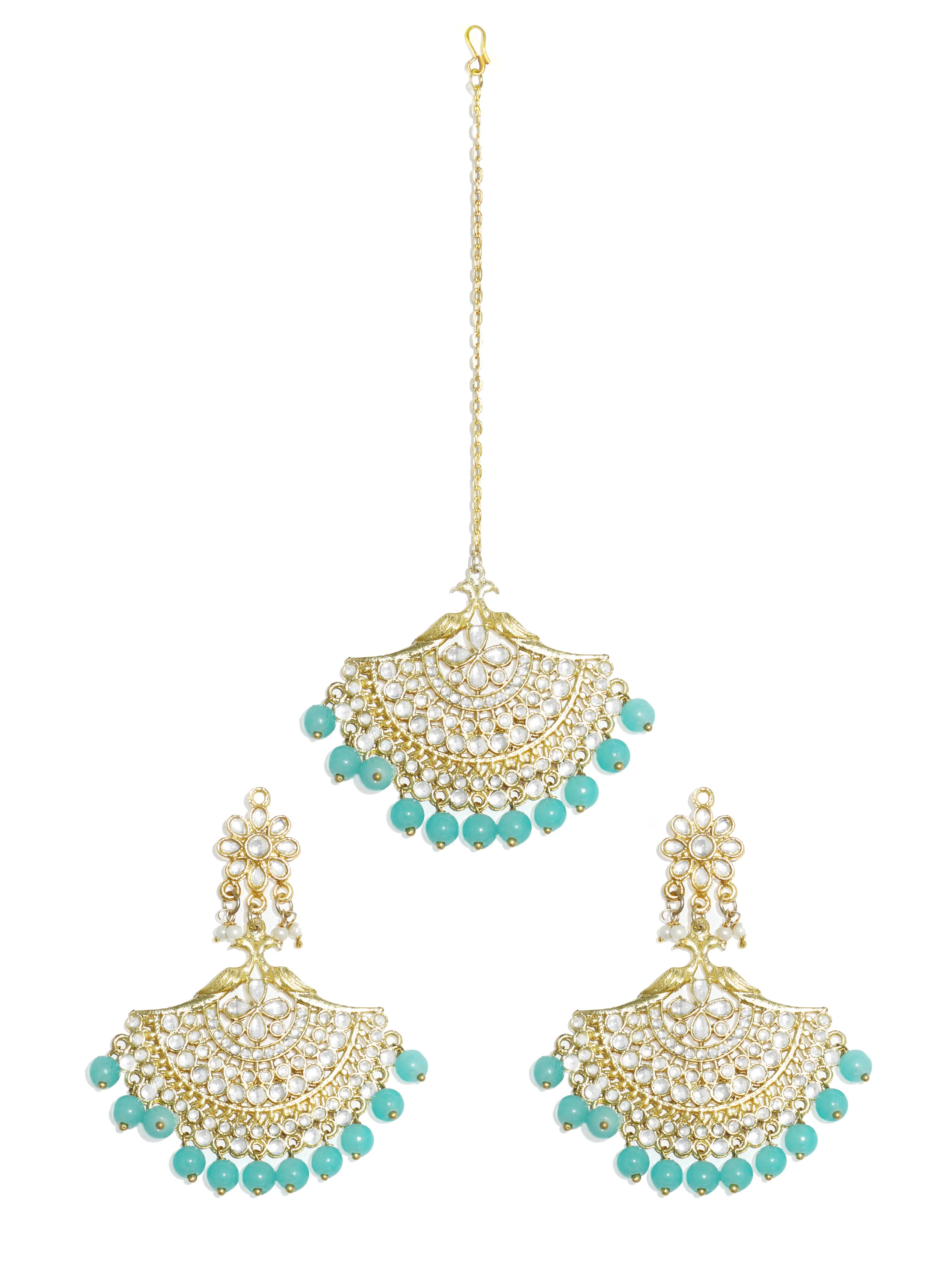 Blue Peacock Kundan Studded Earrings with Maangtikka