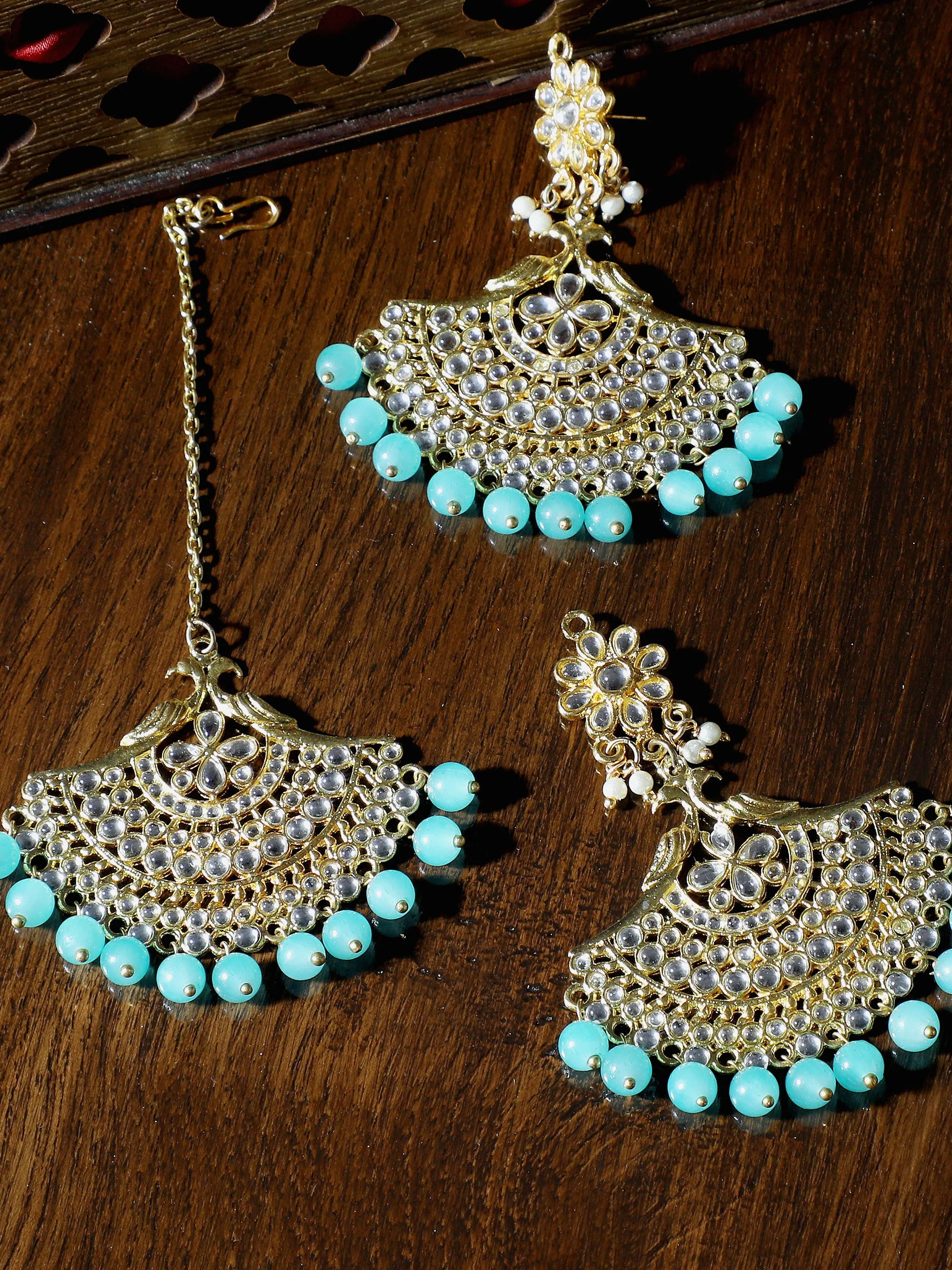 Blue Peacock Kundan Studded Earrings with Maangtikka