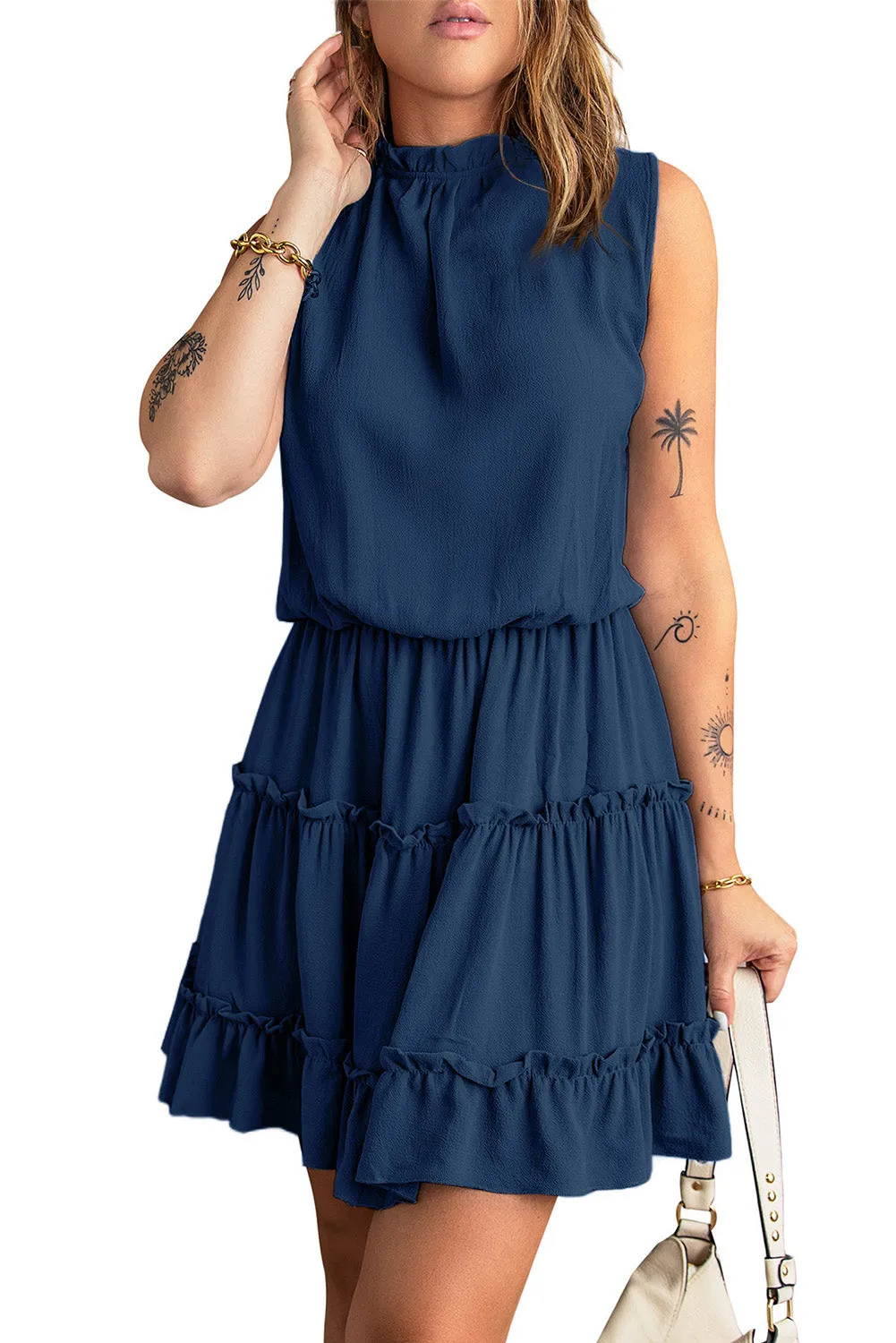 Blue Reversible Frill V Neck Sleeveless Swing Mini Dress