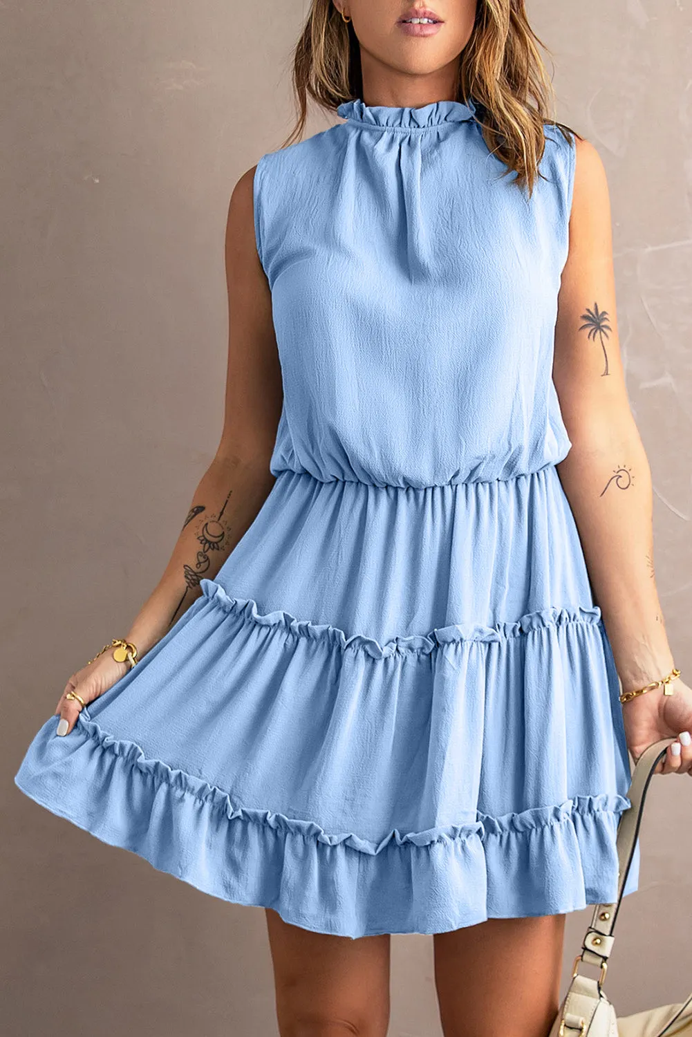 Blue Reversible Frill V Neck Sleeveless Swing Mini Dress