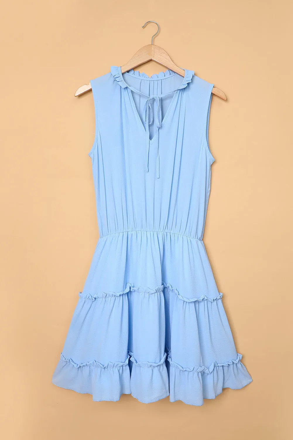 Blue Reversible Frill V Neck Sleeveless Swing Mini Dress