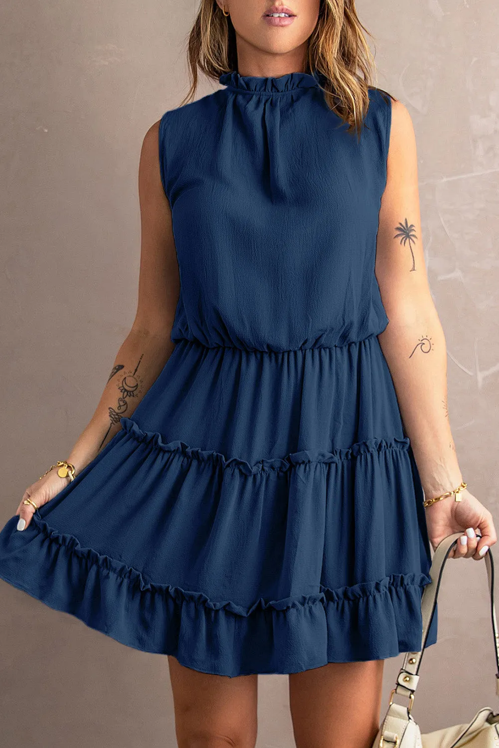 Blue Reversible Frill V Neck Sleeveless Swing Mini Dress