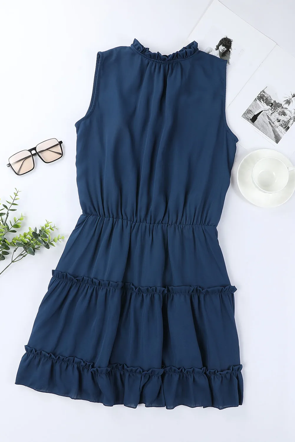 Blue Reversible Frill V Neck Sleeveless Swing Mini Dress