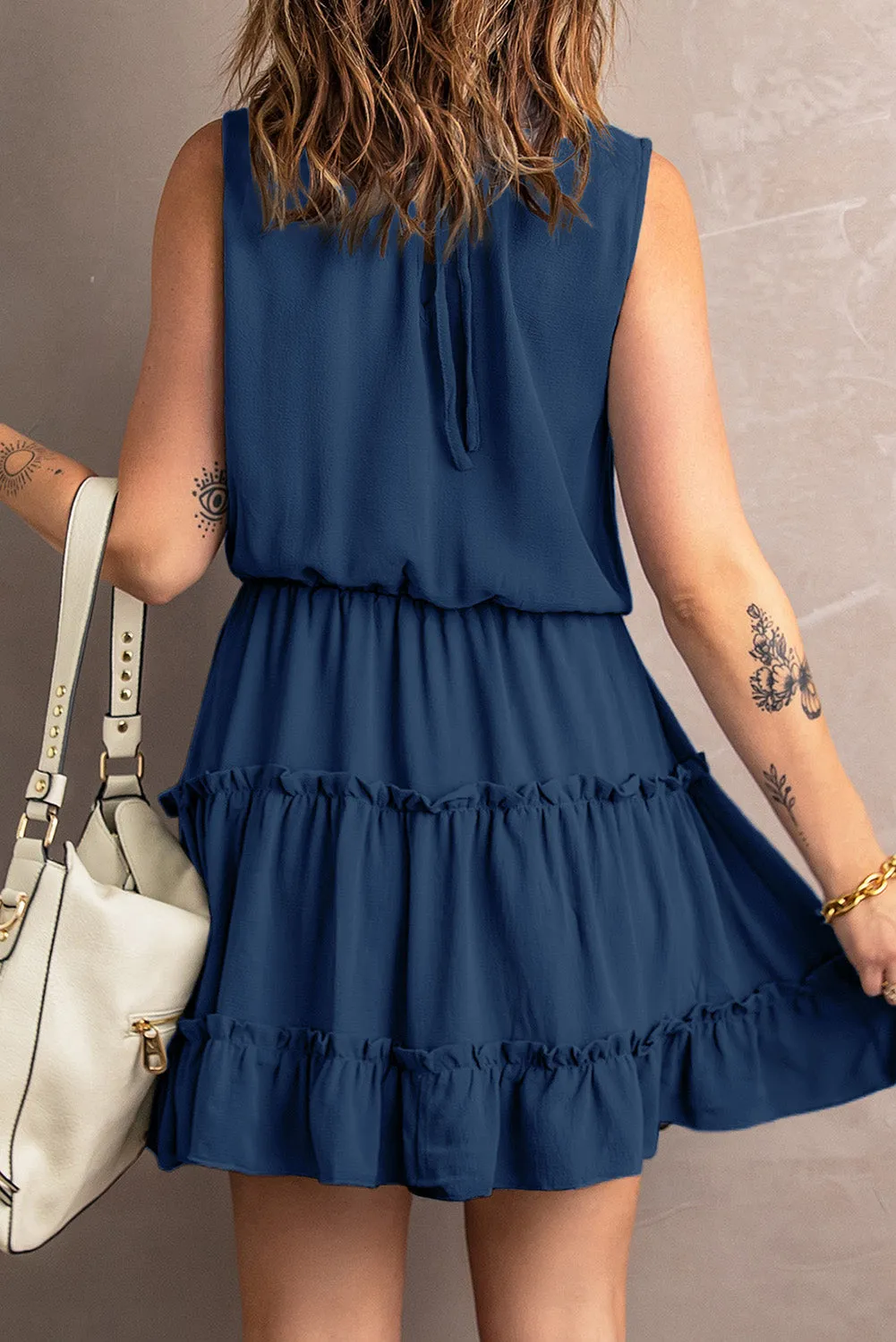 Blue Reversible Frill V Neck Sleeveless Swing Mini Dress