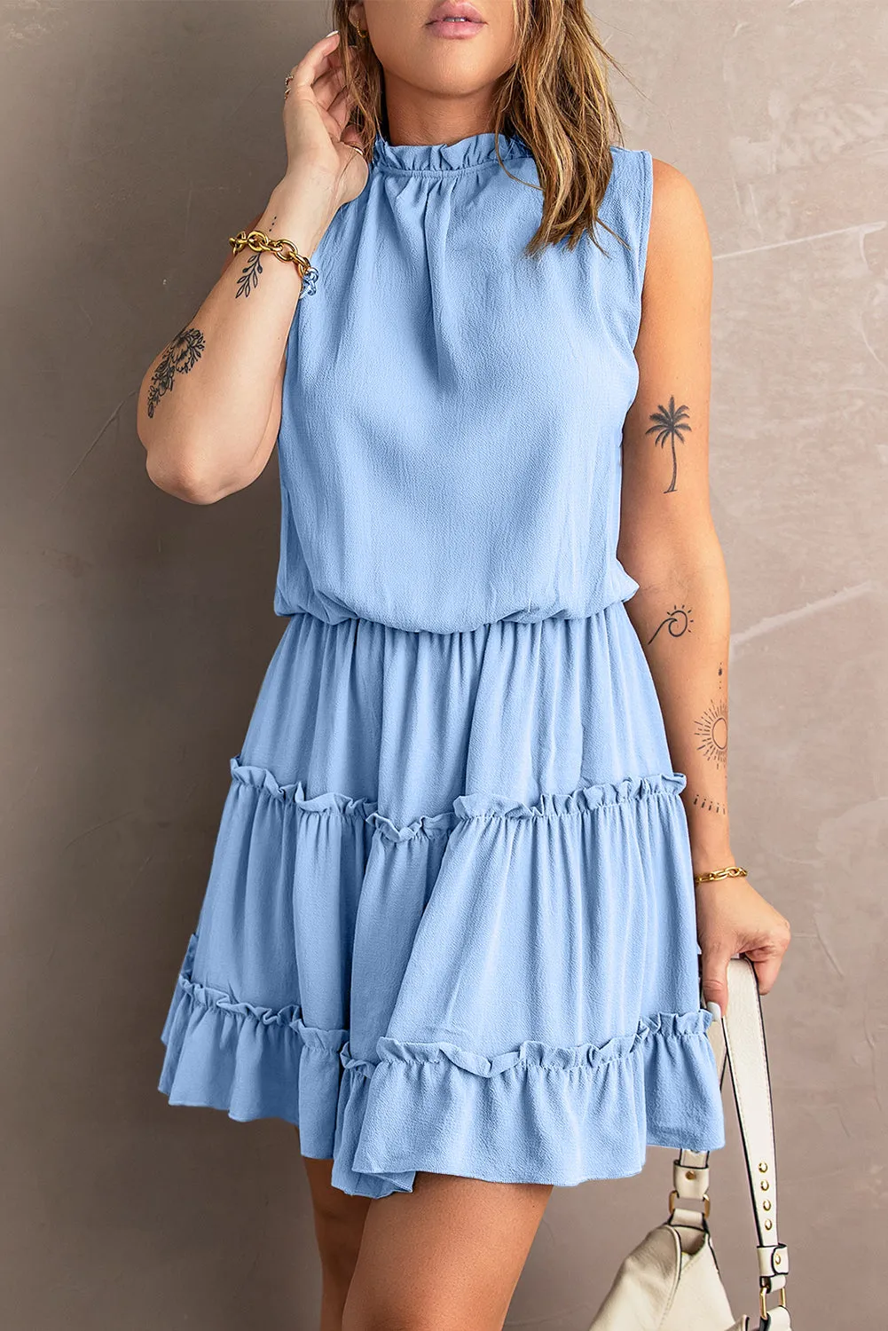 Blue Reversible Frill V Neck Sleeveless Swing Mini Dress