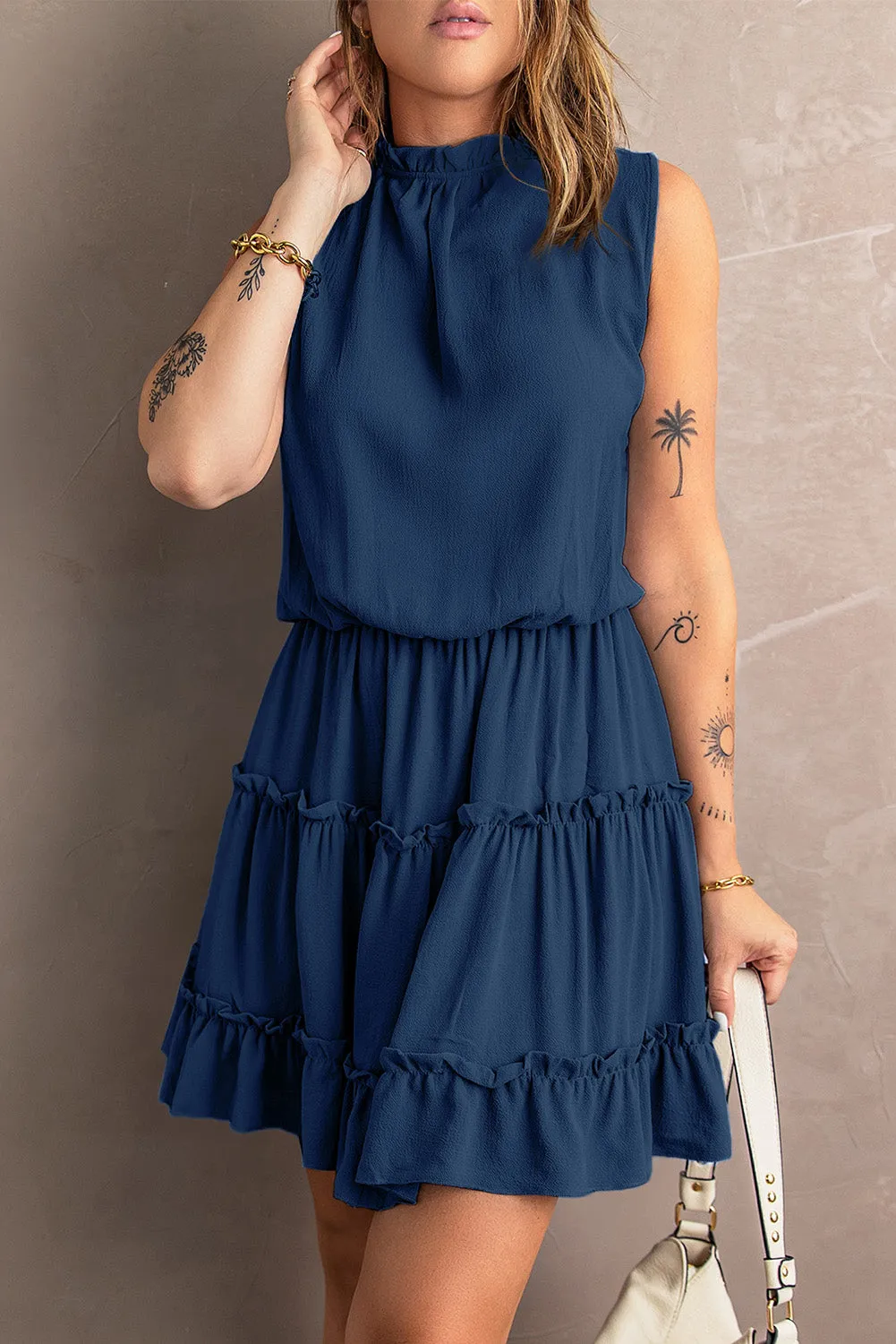 Blue Reversible Frill V Neck Sleeveless Swing Mini Dress