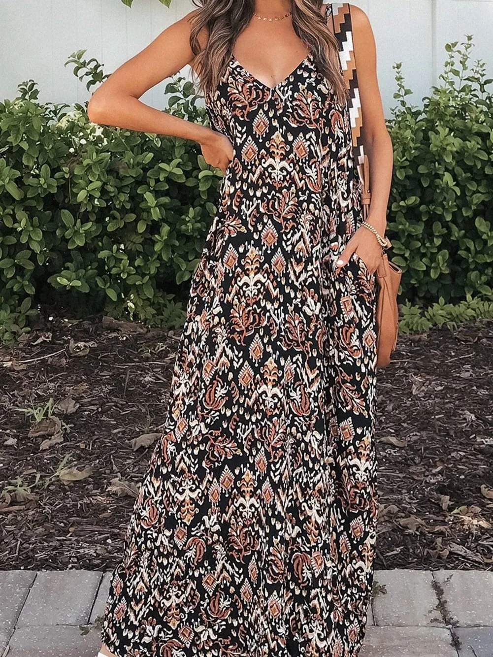 Bohemian Black Floral Print Maxi Dress with V Neck and Spaghetti Straps