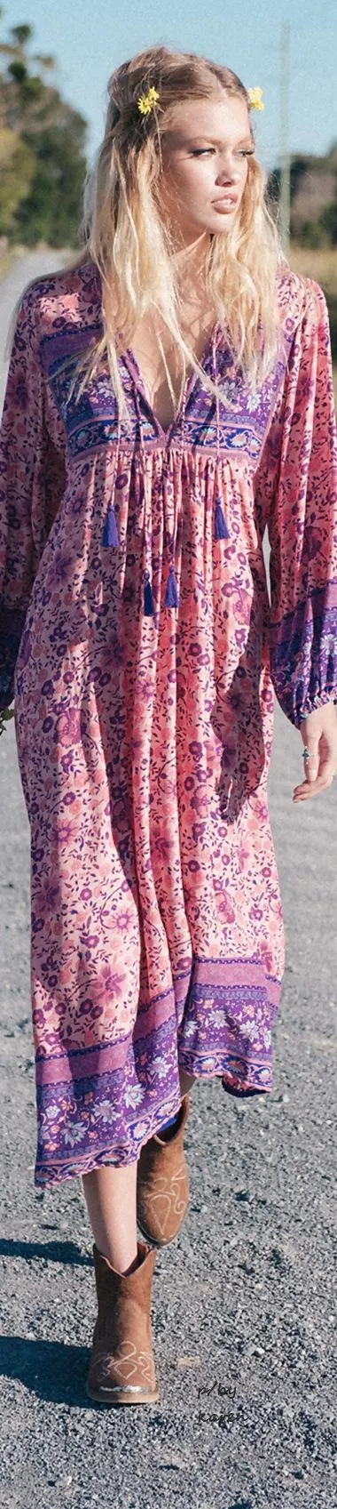 Boho Maxi Dress "Folk Town" Pink & Purple Floral Peasant Sleeved Long Festival Gown Small Medium Or Large