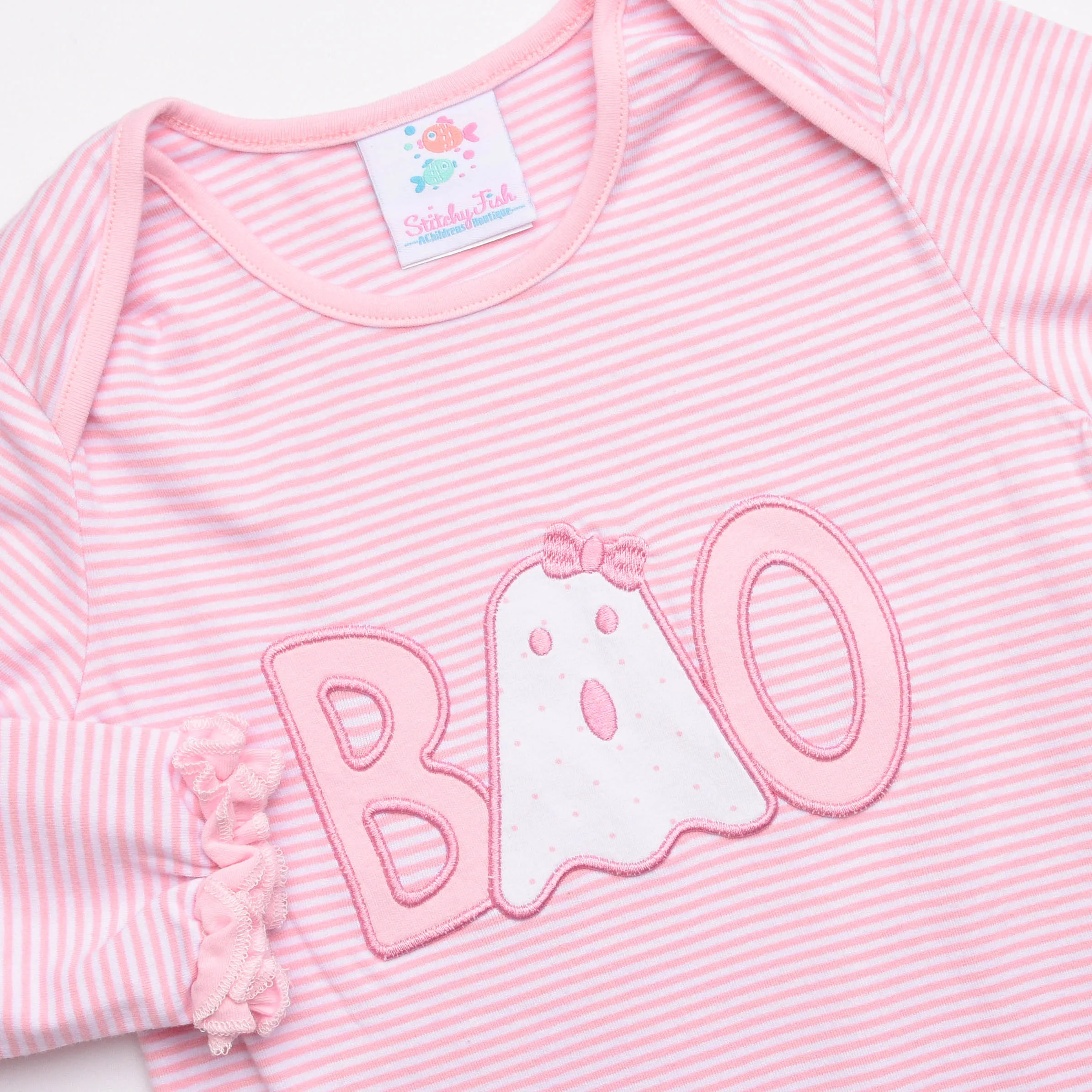 Boo! Applique Ruffle Romper, Pink