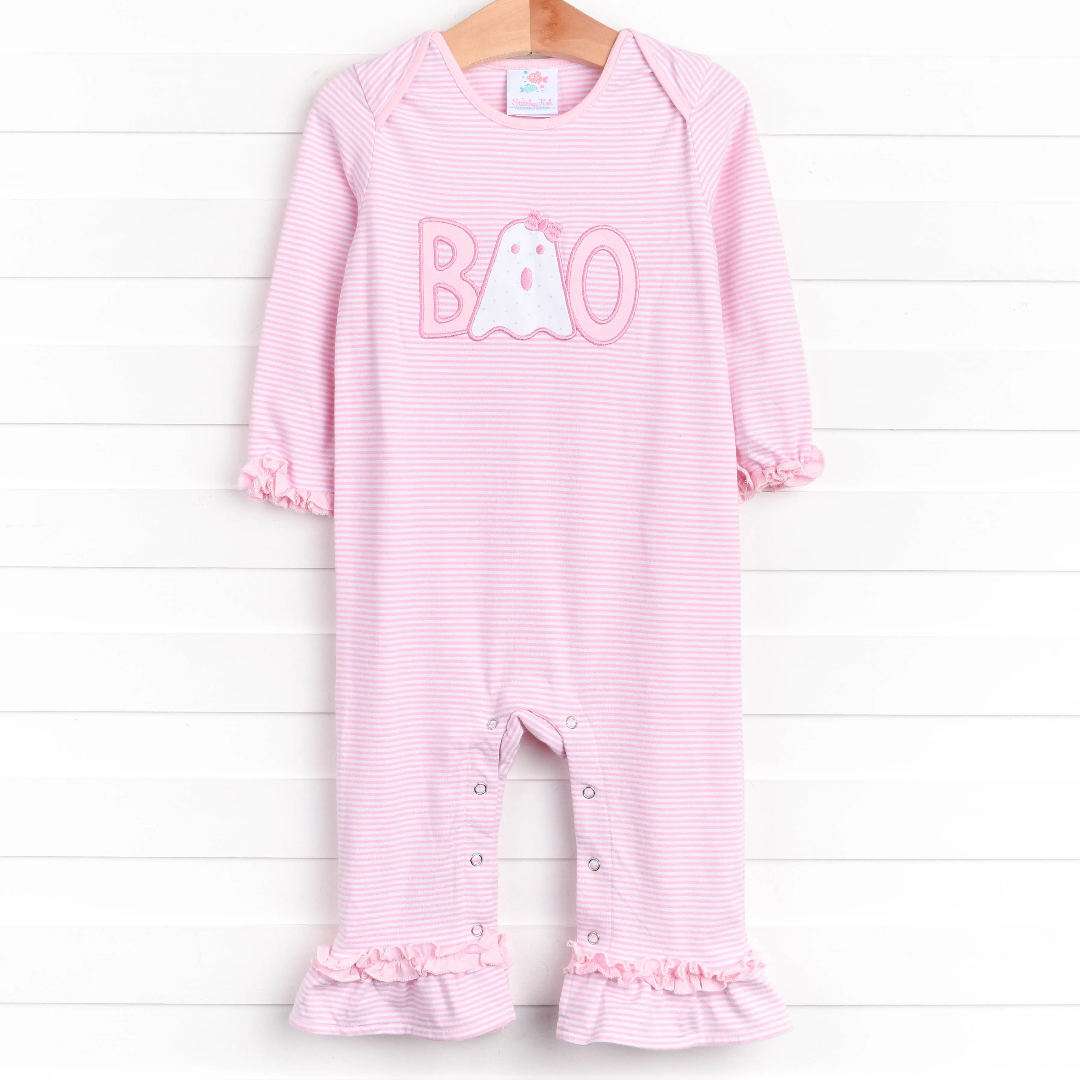 Boo! Applique Ruffle Romper, Pink