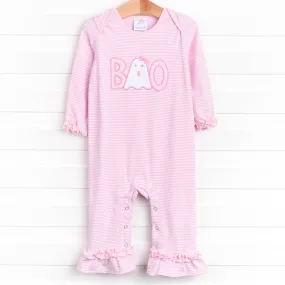 Boo! Applique Ruffle Romper, Pink