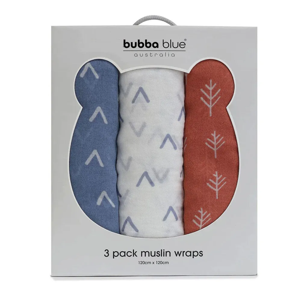 Bubba Blue Nordic 3pk Muslin Wrap Denim/Clay