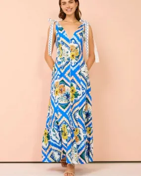 By Nicola Adoncia Tie Shoulder Maxi Dress in Azure Floral