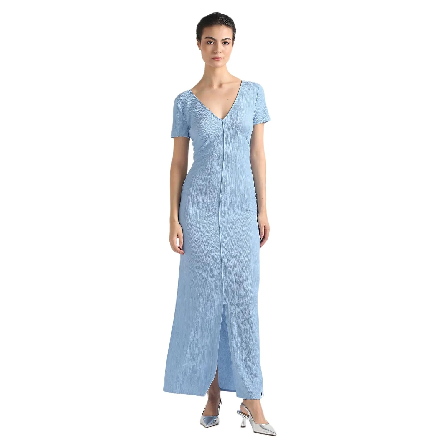 Calvin Klein Polyester Blue Solid V Neck Short Sleeves Women Crinkle Maxi Dress (S)