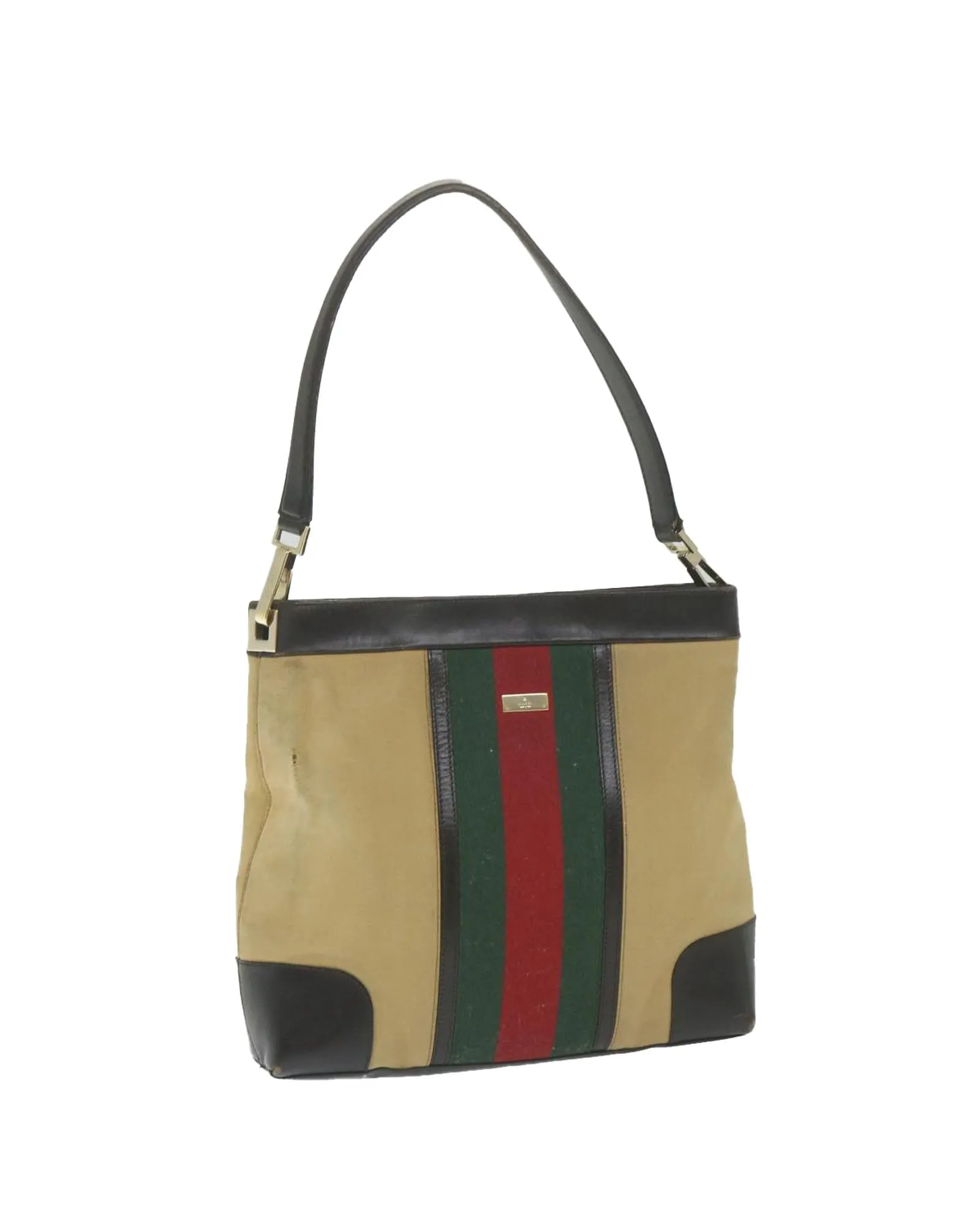 Canvas Beige Red Shoulder Bag with Web Detail by Italian Designer