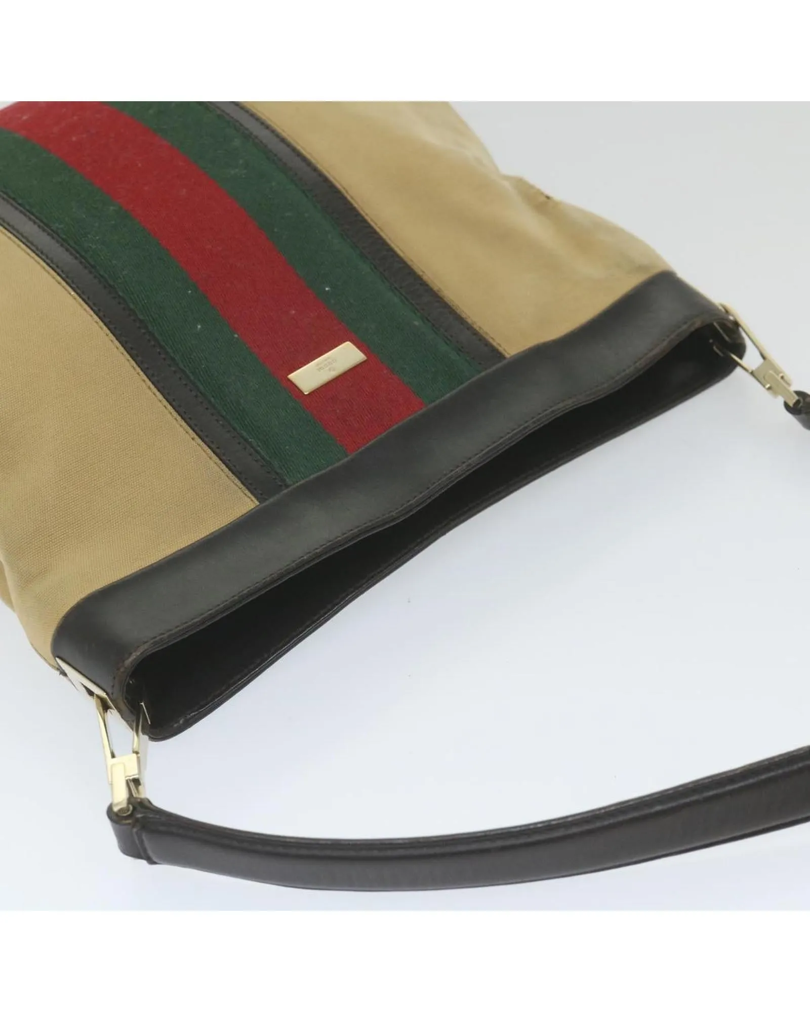 Canvas Beige Red Shoulder Bag with Web Detail by Italian Designer