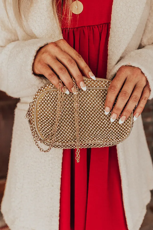 Champagne Getaway Rhinestone Clutch In Gold