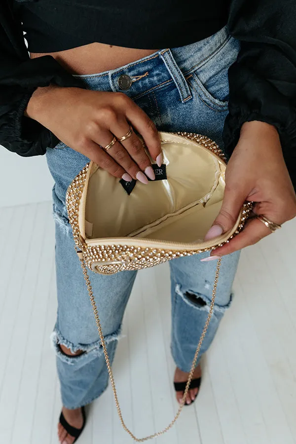 Champagne Getaway Rhinestone Clutch In Gold