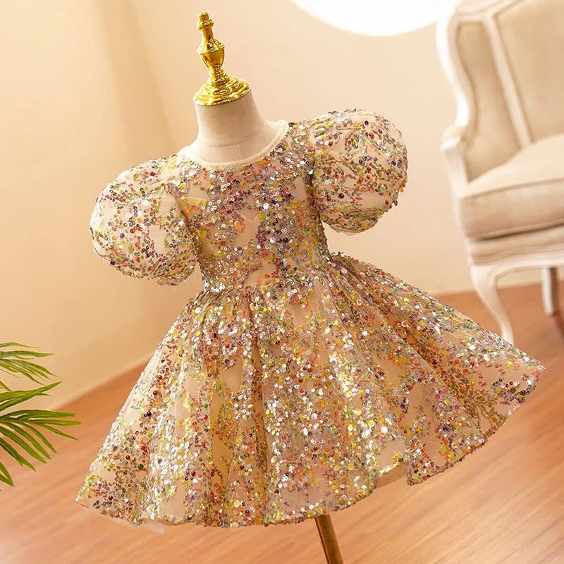 Champagne Gold Sequins Tulle Toddler Baby Birthday Party Dress