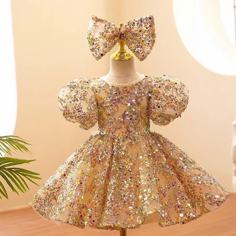 Champagne Gold Sequins Tulle Toddler Baby Birthday Party Dress