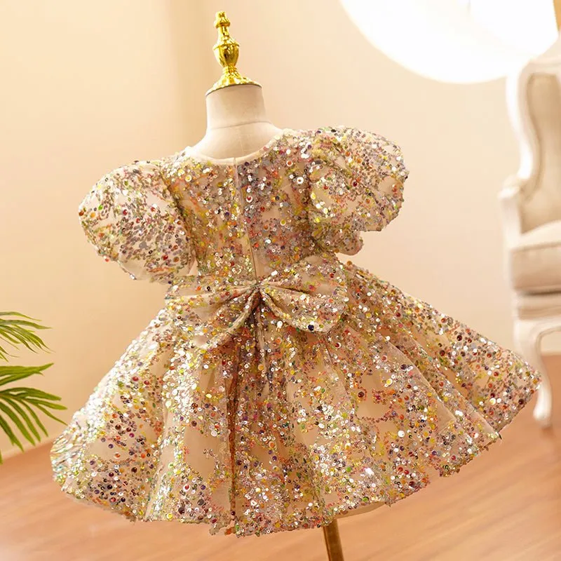 Champagne Gold Sequins Tulle Toddler Baby Birthday Party Dress