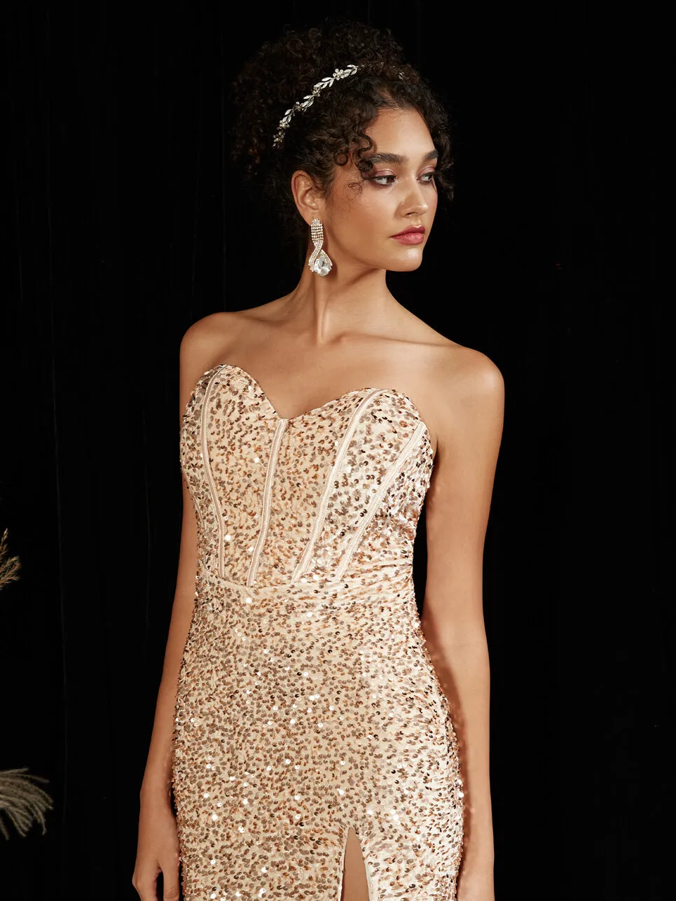 Champagne Gold Sweetheart Strapless Luxury Sequin Mermaid Formal Gown