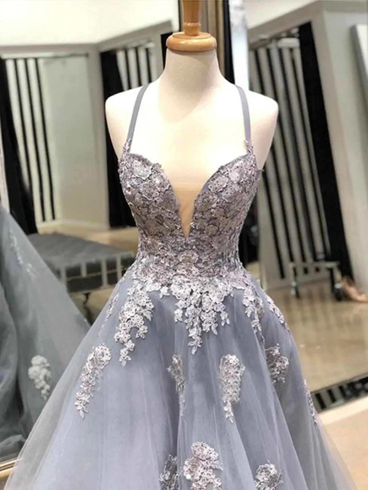 Charming V Neck Gray Lace Long Prom, Grey Lace Formal Evening