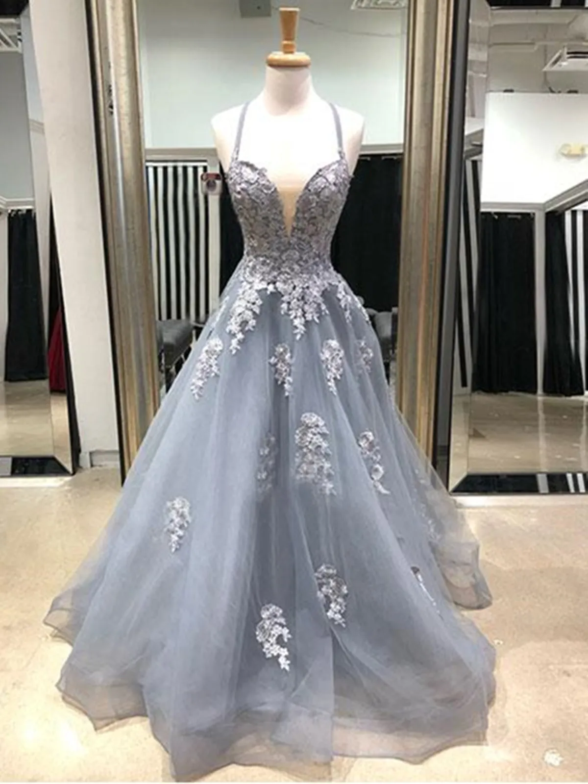 Charming V Neck Gray Lace Long Prom, Grey Lace Formal Evening