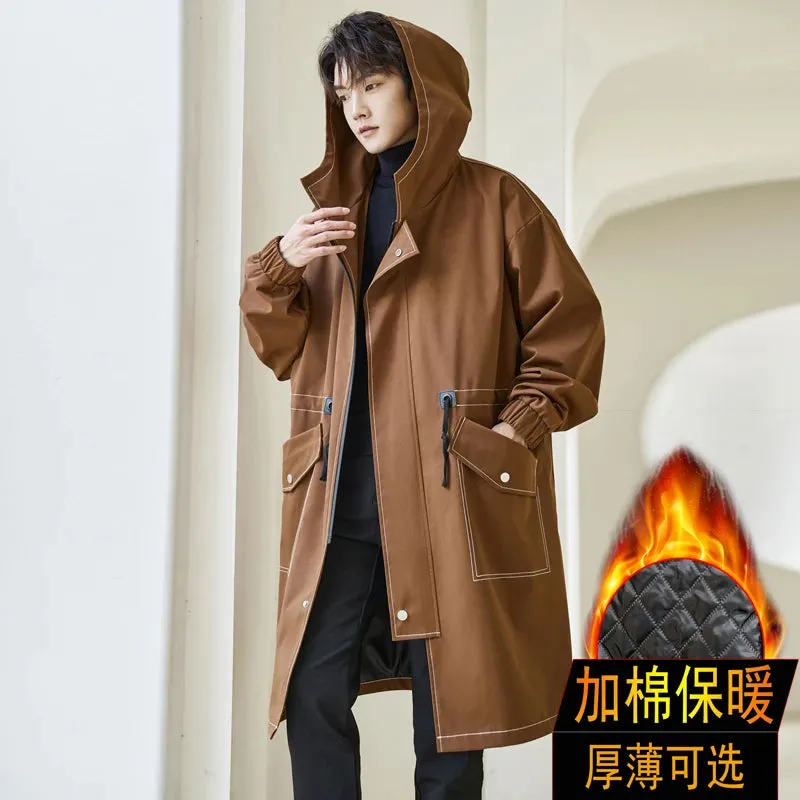 Chicmy-Korean Style Cotton-lined Windbreaker Men New Fashion Solid Color Trench Coat Autumn Winter Men's Casual Loose Thick Warm Coat