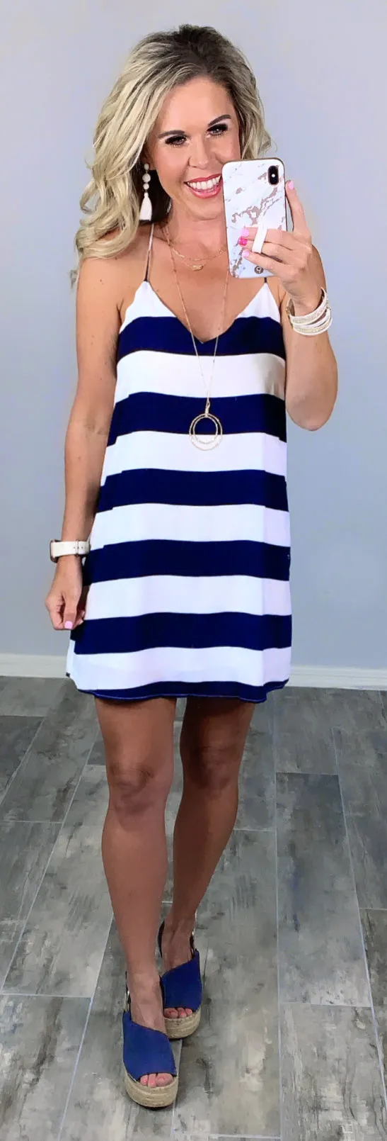 Coastal Shift Dress - Navy/White