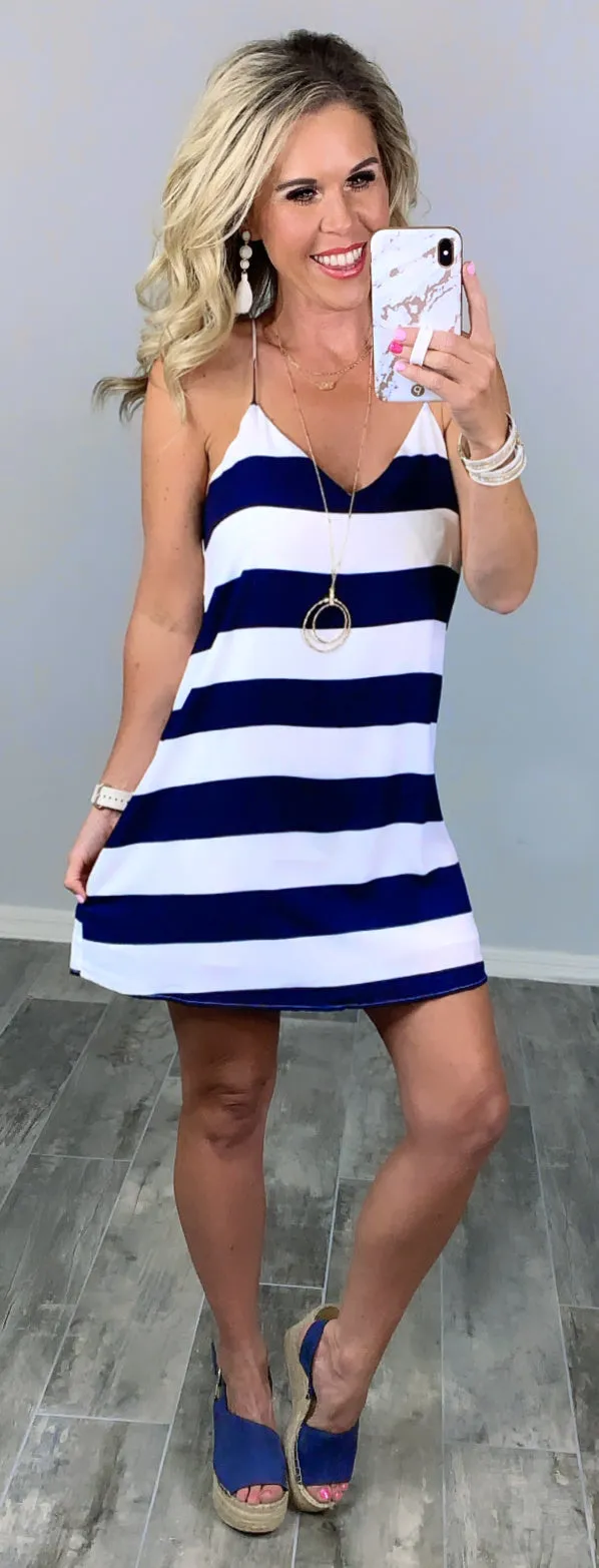 Coastal Shift Dress - Navy/White