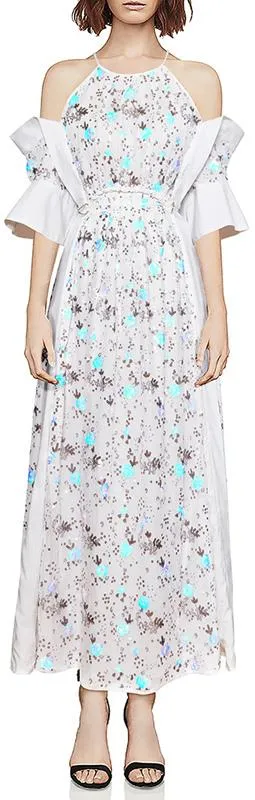 Cold-Shoulder Sequined Halter Maxi Dress