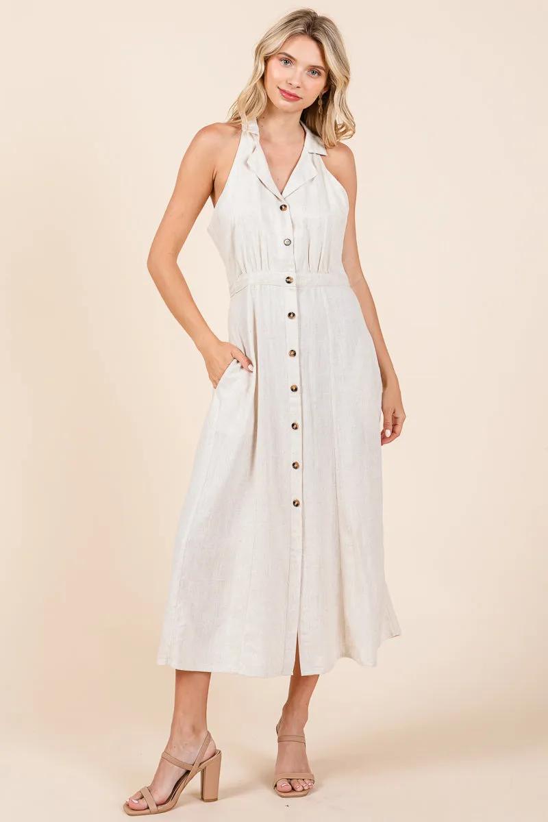 Collared Linen Button Down Split Midi Shirt Dress