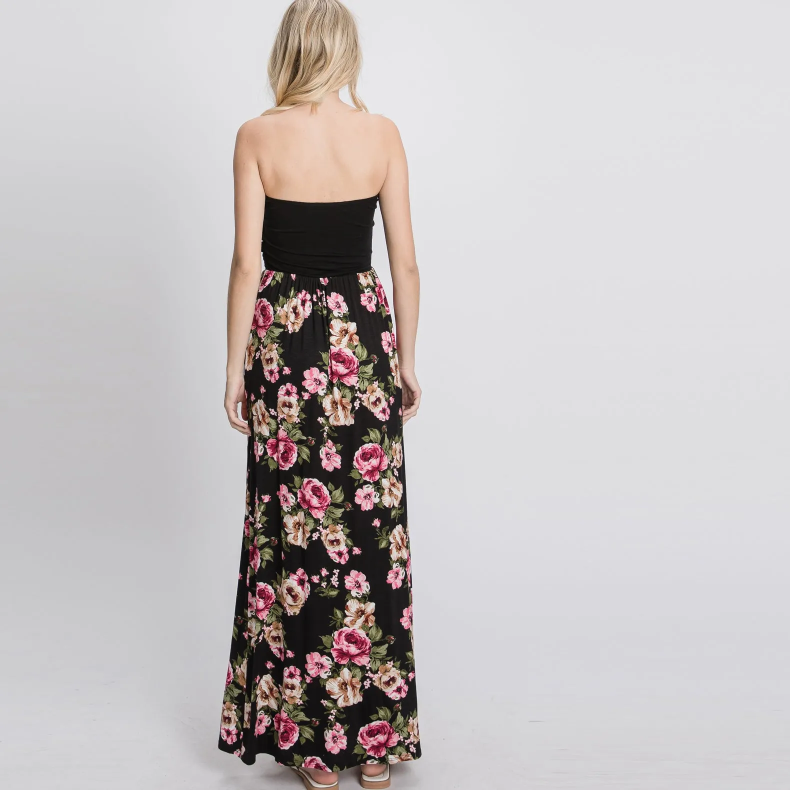 Color Block Floral Strapless Maxi Dress