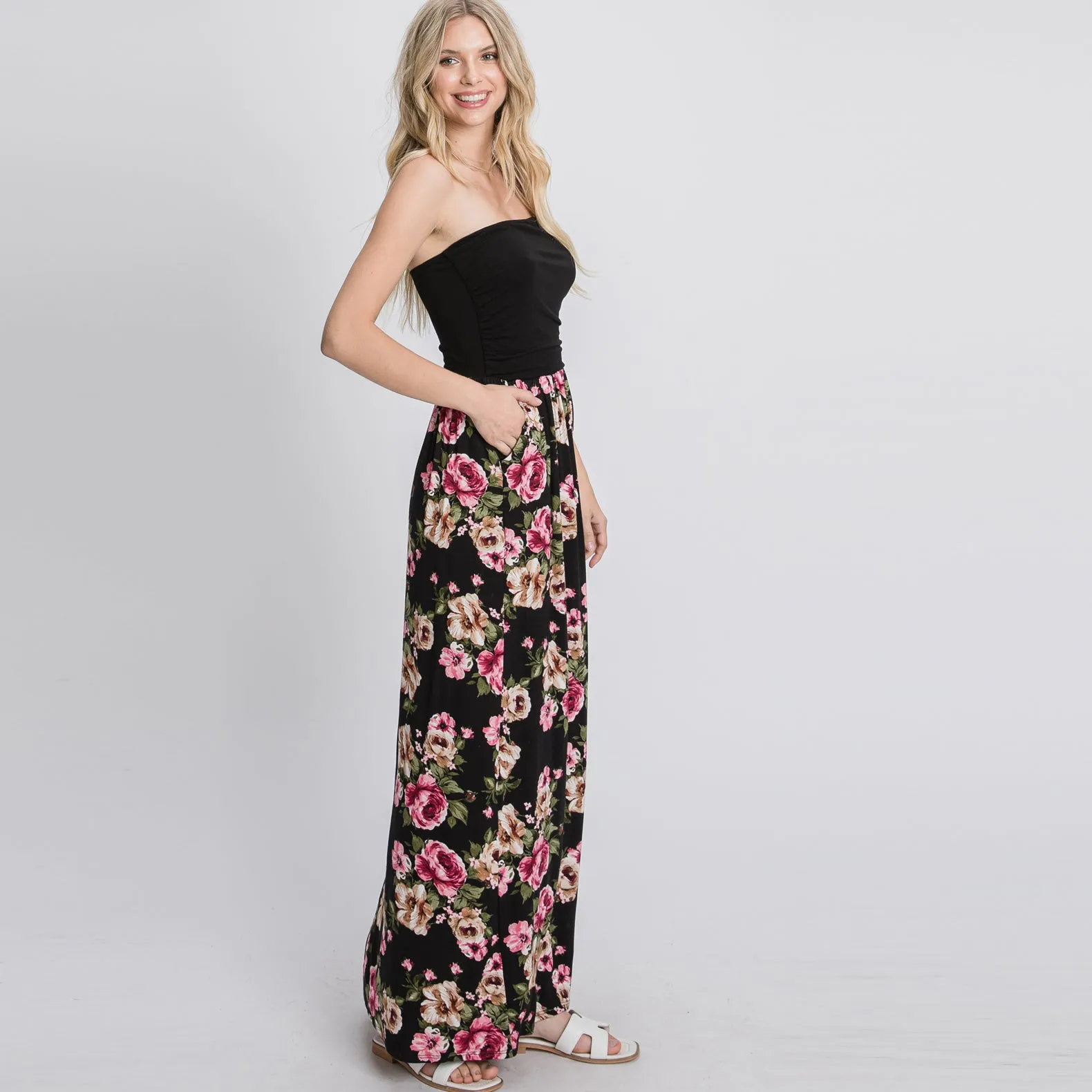 Color Block Floral Strapless Maxi Dress