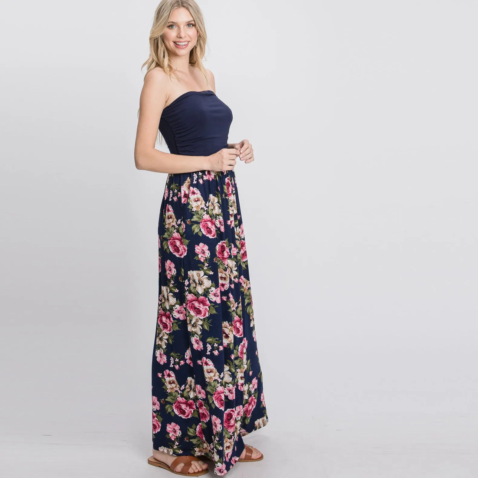 Color Block Floral Strapless Maxi Dress