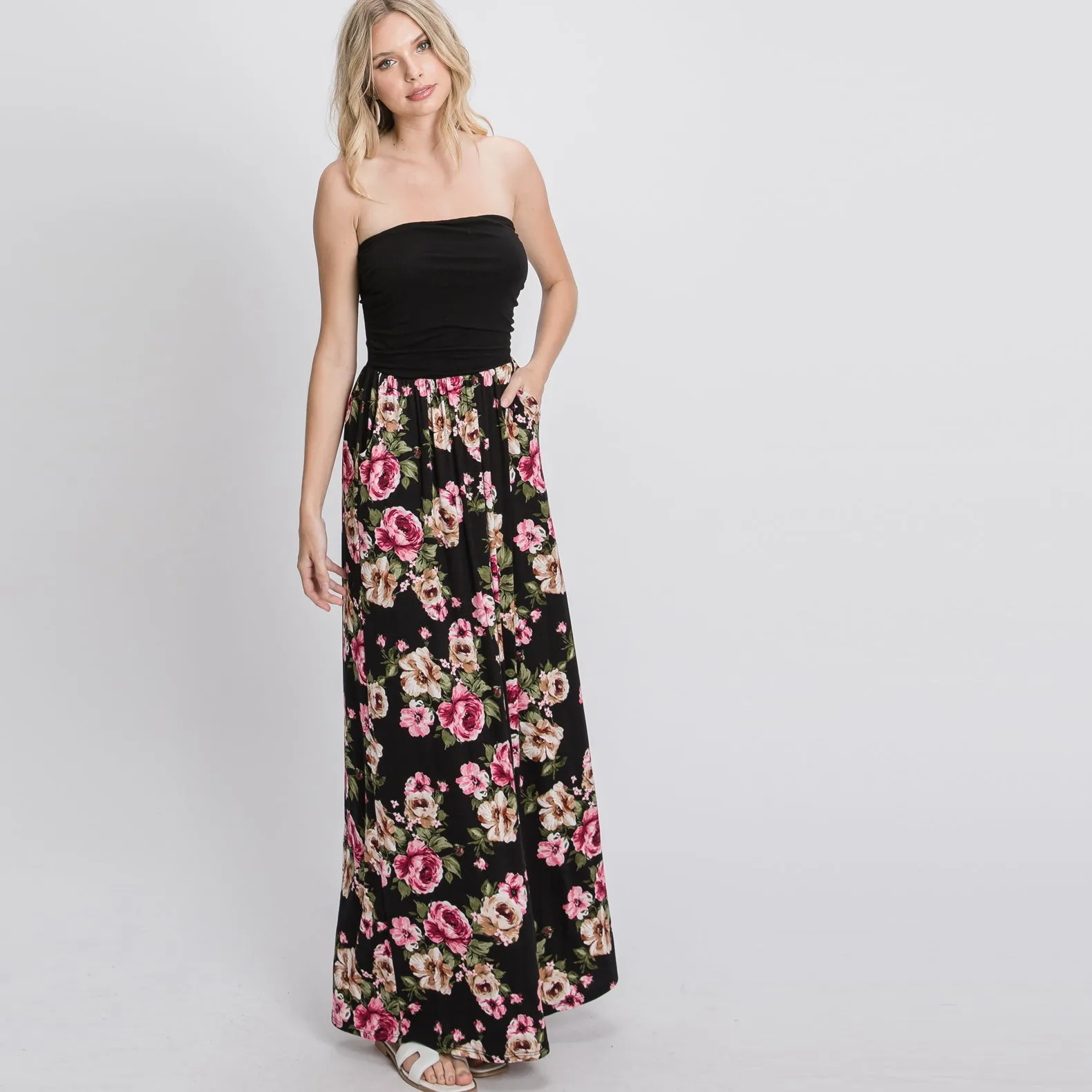 Color Block Floral Strapless Maxi Dress