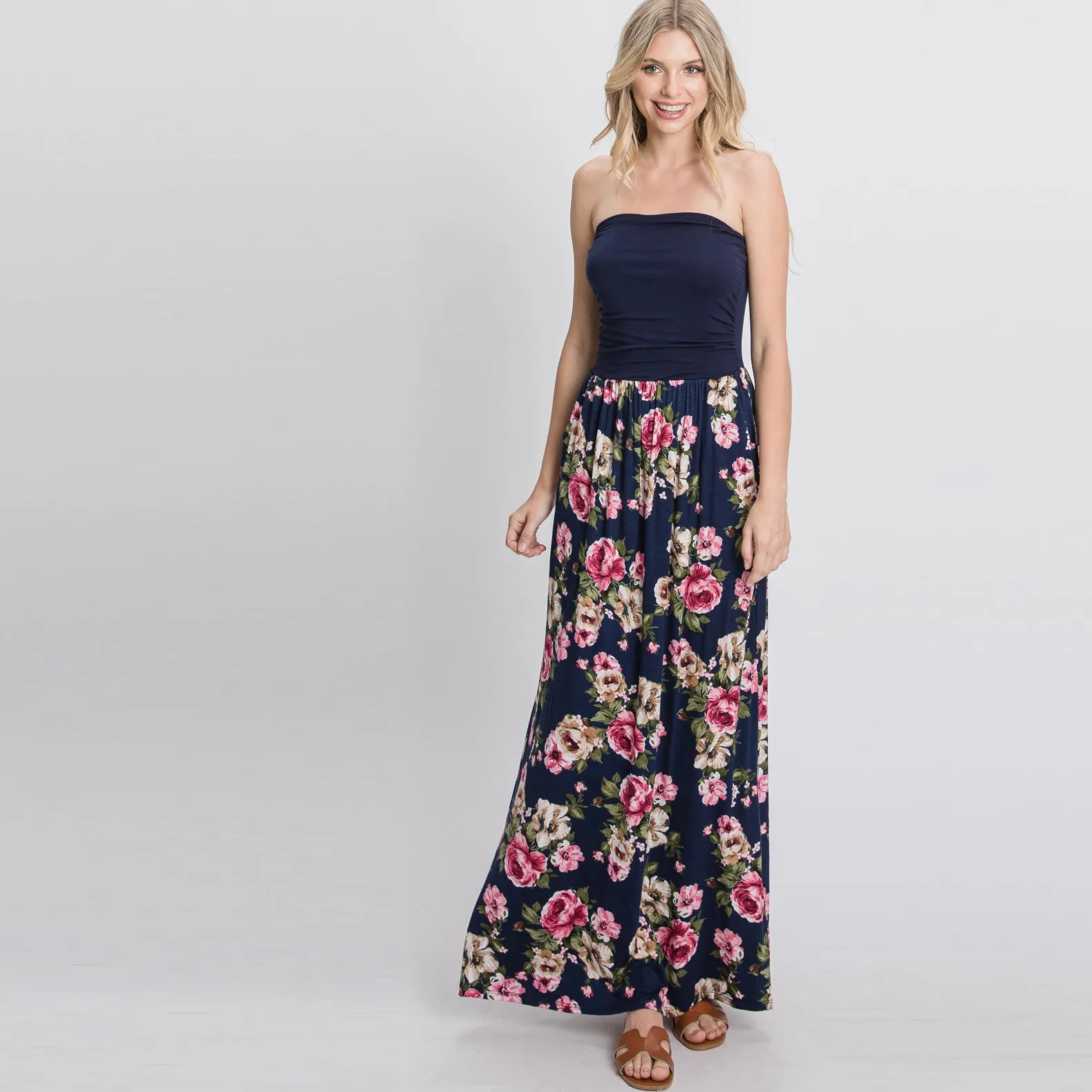 Color Block Floral Strapless Maxi Dress