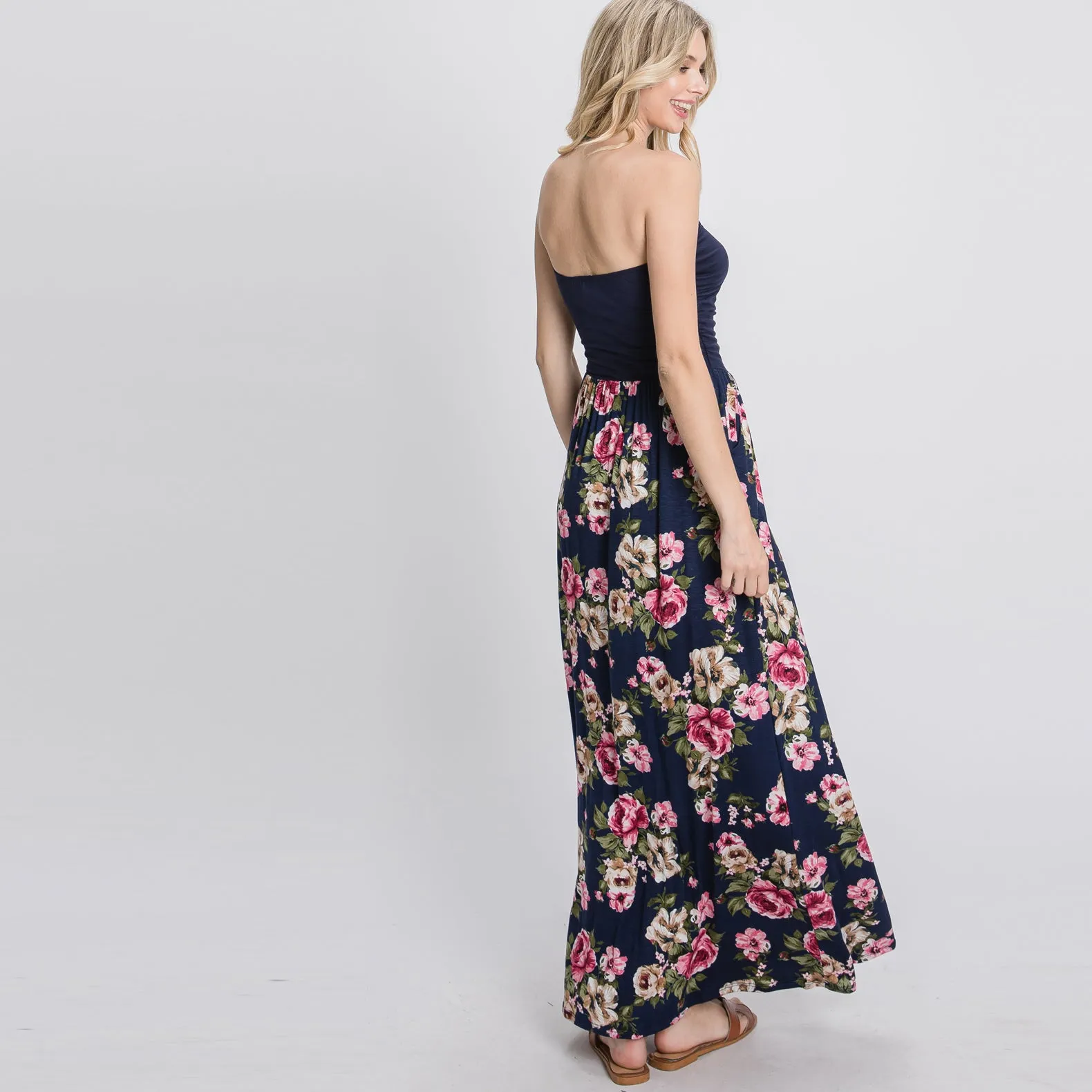 Color Block Floral Strapless Maxi Dress