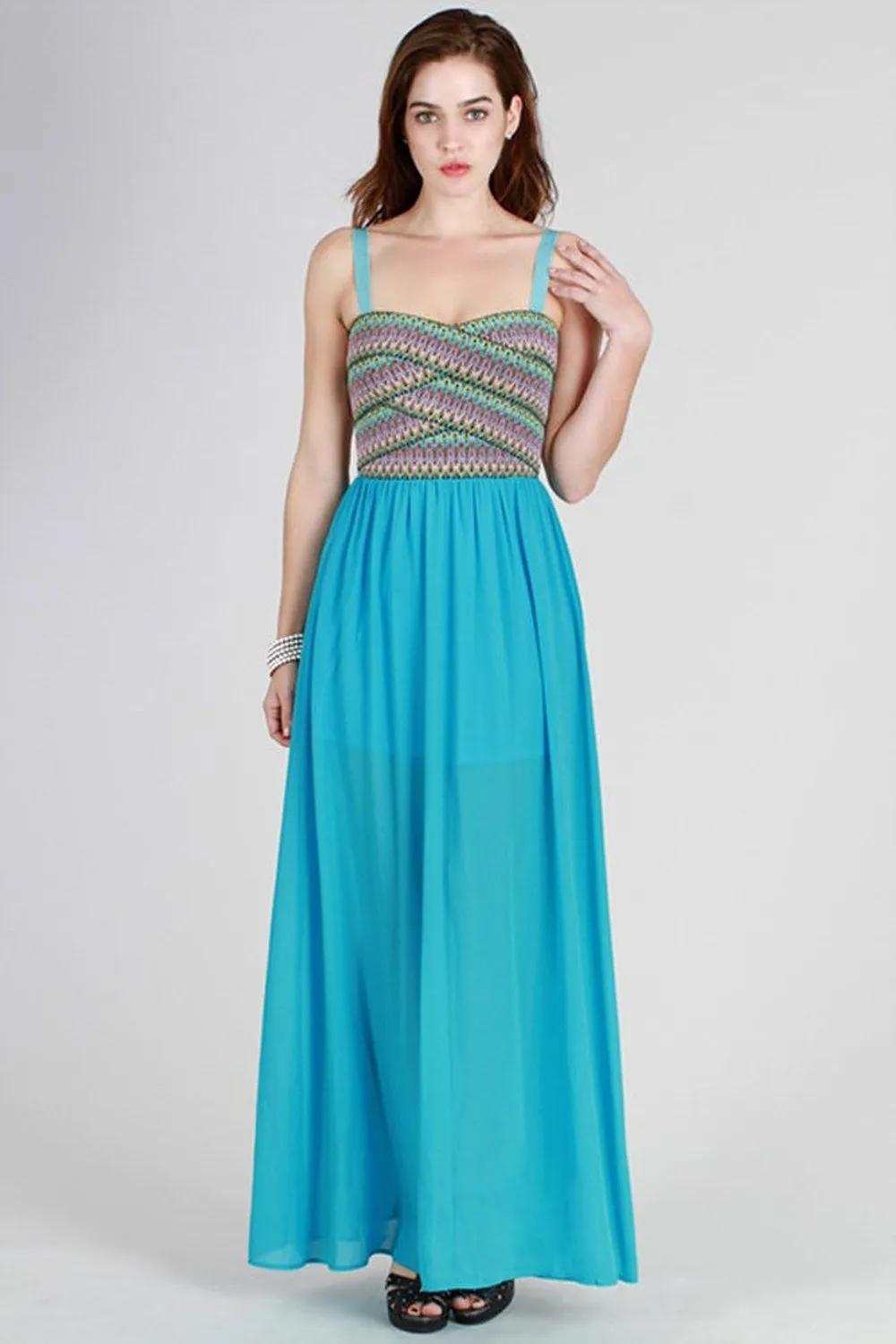 Colorful Aqua Zig Zag Bandage Design Full Length Sheer Spring Maxi Dress