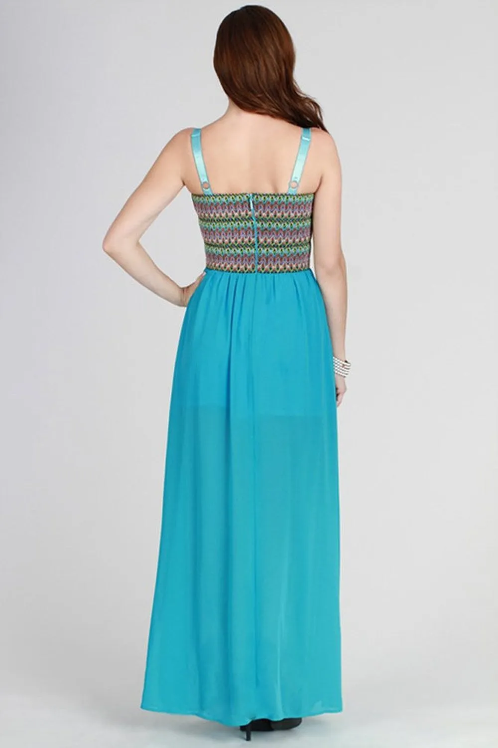 Colorful Aqua Zig Zag Bandage Design Full Length Sheer Spring Maxi Dress