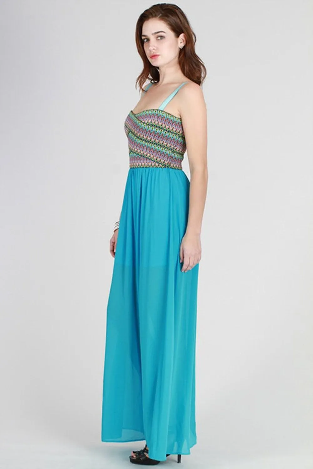 Colorful Aqua Zig Zag Bandage Design Full Length Sheer Spring Maxi Dress