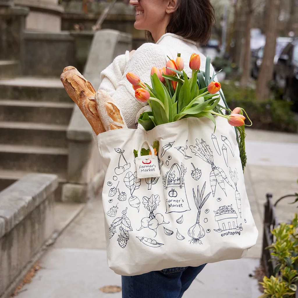 Cotton Canvas Tote Bag - Farmer's Market Print