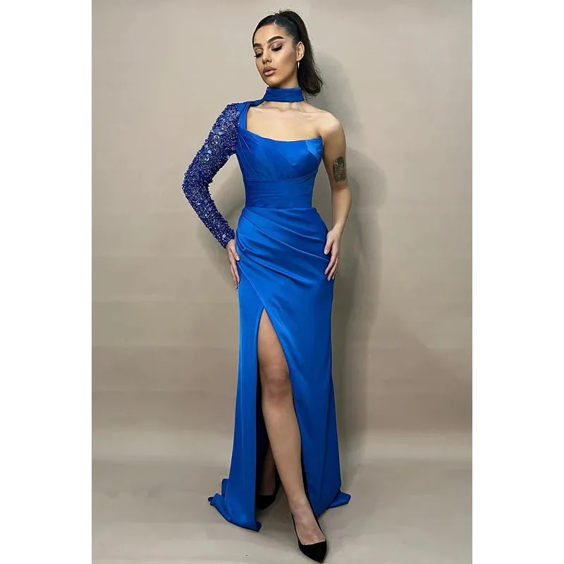 Couture & Ornate High Neck One Long Sleeve Side Slit Evening Party Prom Dress