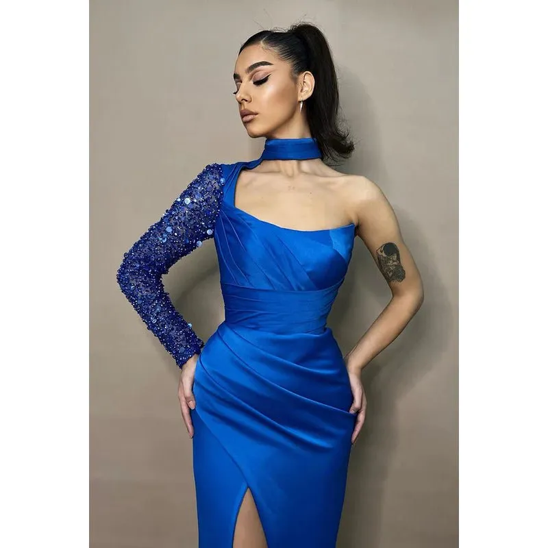 Couture & Ornate High Neck One Long Sleeve Side Slit Evening Party Prom Dress