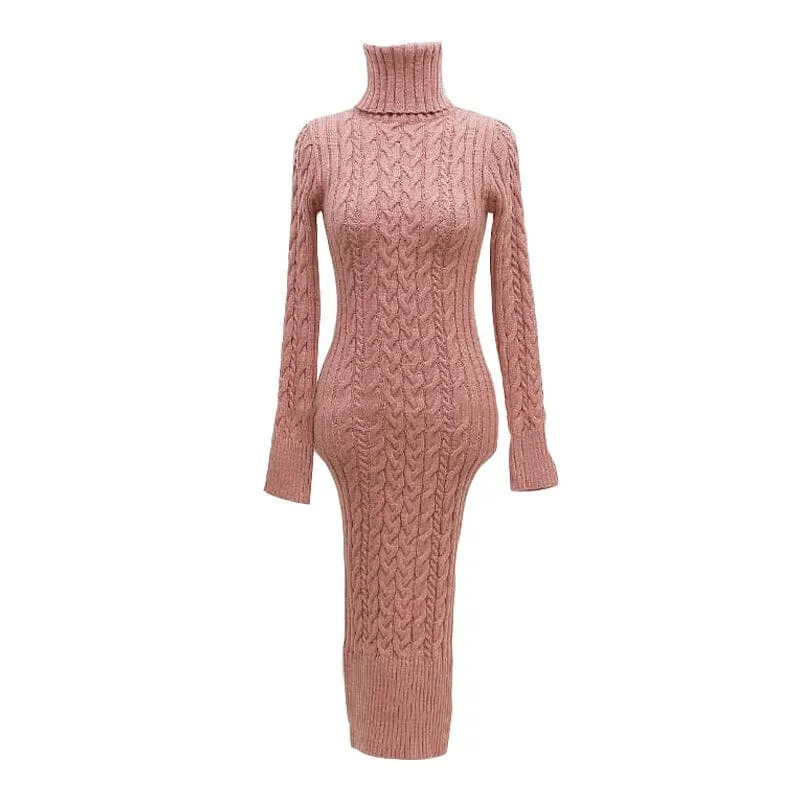 Cream and Pink Ladies Roll Neck Knitted Figure Hugging Maxi Dress