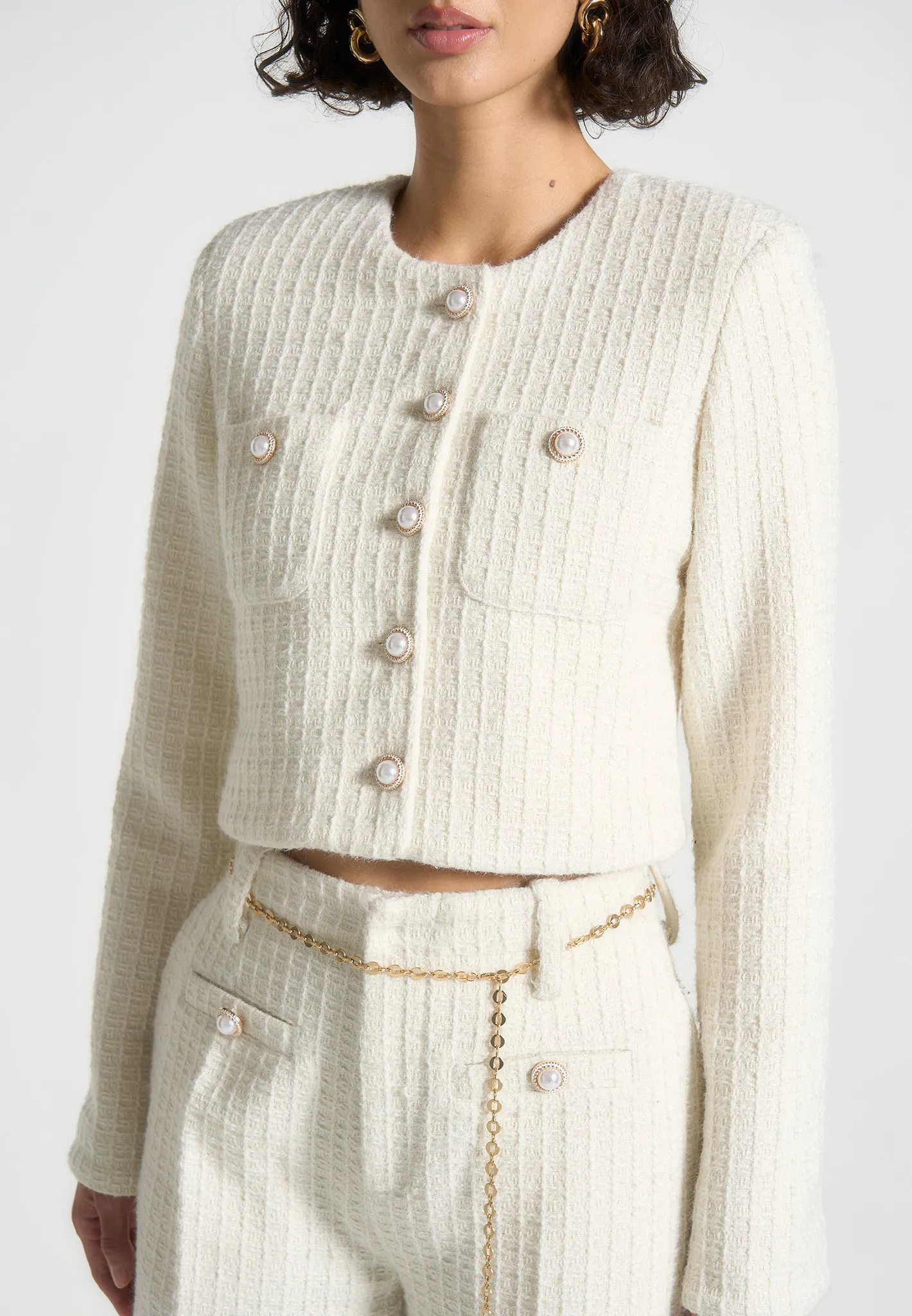 Cropped Tweed Jacket with Pearls - Cream