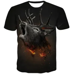 Deer T-shirt Men Elk Tshirts Casual Animal Tshirts Novelty Flame T-shirts Graphic Harajuku Tshirt Anime Short Sleeve Hip hop