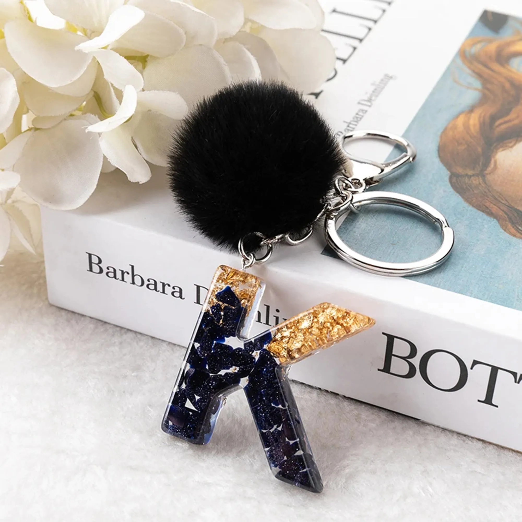 Delightful Initial Pendant Keychain with Pom Pom