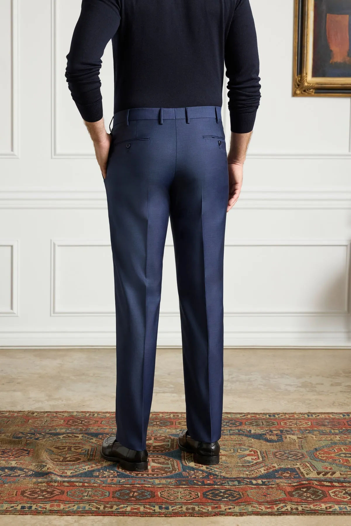 Devon Flat Front Sharkskin Wool Trouser in Navy (Modern Full Fit) by Zanella